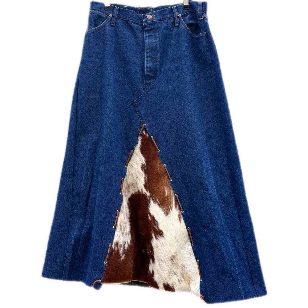 Up-cycled Wrangler Jeans High-Waisted Denim Cow hair on hide Maxi Skirt W-32”